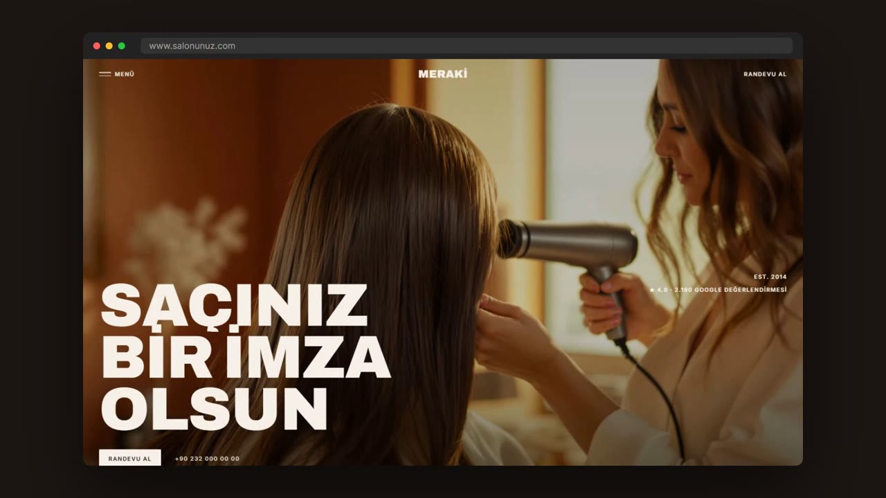 MERAKİ web sitesi ana sayfa ekran görüntüsü — Kuaför · Güzellik